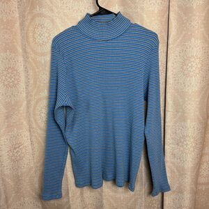 Vintage Marsh Landing Blue Black White Striped Turtleneck Mockneck Ribbed Sz Lg